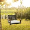 Single Rattan Porch Swing with Armrests Cushion and Hanging Ropes