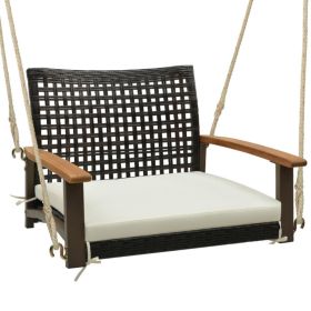 Single Rattan Porch Swing with Armrests Cushion and Hanging Ropes