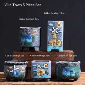 Succulent Flower Pot Breathable Stoneware Basin (Option: Retro Town 5 Sets)