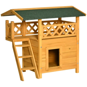 Indoor/Outdoor Cat House 2-Story Wooden Kitten Condo With Balcony Roof (Color: Natural Wood)