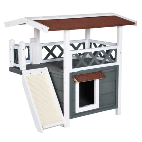 Indoor/Outdoor Cat House 2-Story Wooden Kitten Condo With Balcony Roof (Color: Grey & White)