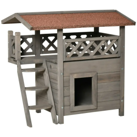 Indoor/Outdoor Cat House 2-Story Wooden Kitten Condo With Balcony Roof (Color: Light Grey)