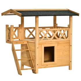 Indoor/Outdoor Cat House 2-Story Wooden Kitten Condo With Balcony Roof (Color: Wood Color)